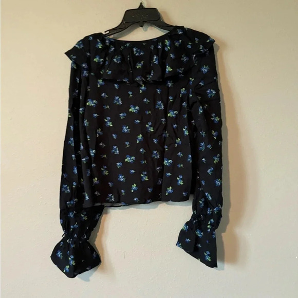 New WeWoreWhat Ruffle Blouse Black Multicolor floral Small - Picture 7 of 9